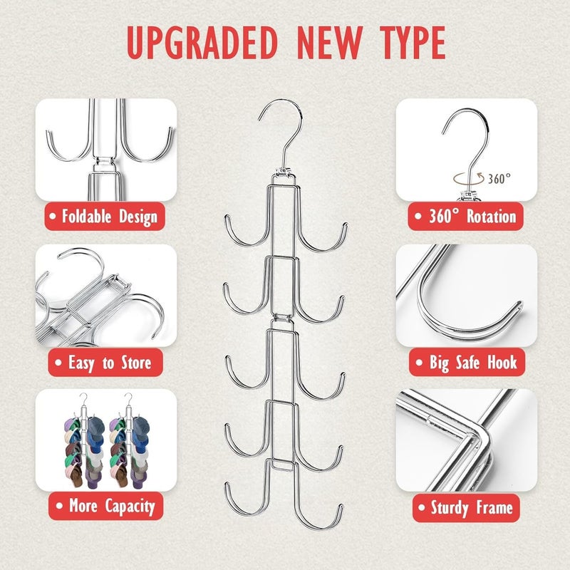 NAKBINX Hat Organizer for Closet, Collapsible Caps Rack with 10 Rotatable Large Hooks, Holds Up to 40 Baseball Caps, Metal Space Saving Hat Hanger for Display, Storage and Closet Organizers, Silver - Image 4